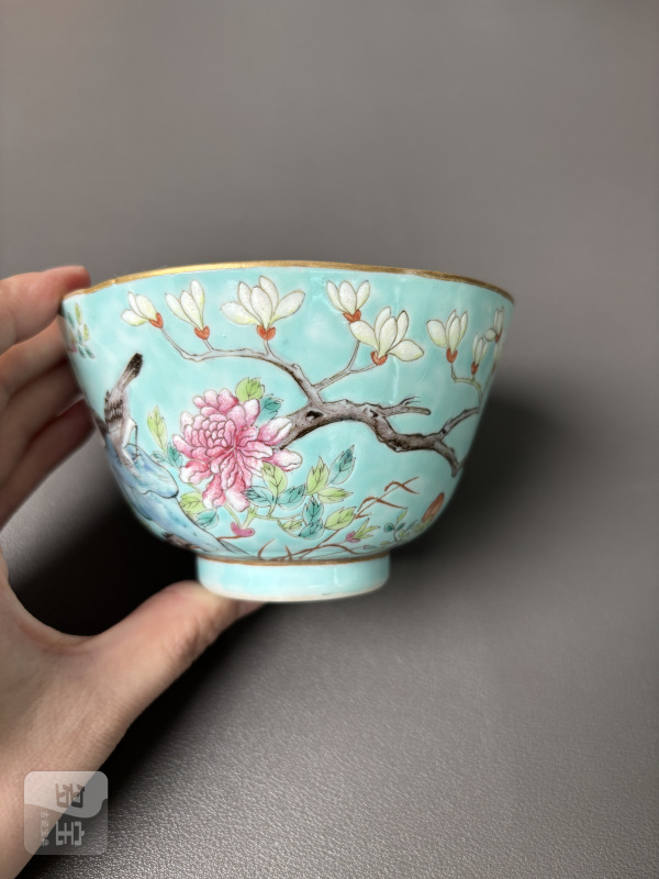清光绪 松石绿地粉彩花鸟纹杯 - 图3